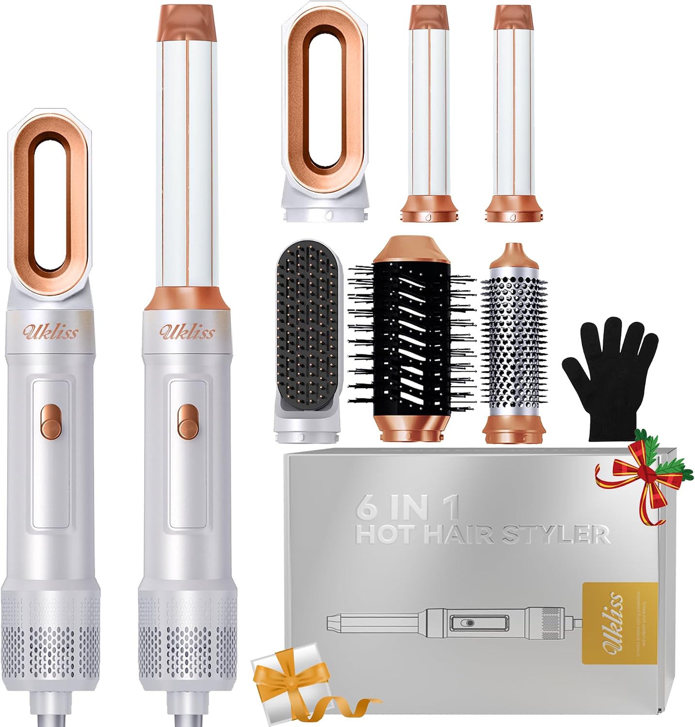 UKLISS Hairstyler 6 in 1, Haarstyler & Hair Styler Set mit Automatisch Wrap Lockenstab, Hair Dryer, Thermal Brush, Warmluftbürste, Rundbürstenföhn, Geschenke für Frauen Föhnen, Locken, Glätten (Weiß)