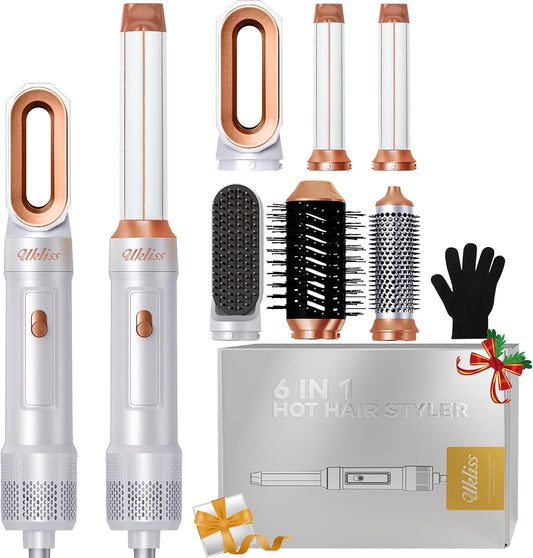 UKLISS Hairstyler 6 in 1, Haarstyler & Hair Styler Set mit Automatisch Wrap Lockenstab, Hair Dryer, Thermal Brush, Warmluftbürste, Rundbürstenföhn, Geschenke für Frauen Föhnen, Locken, Glätten (Weiß)