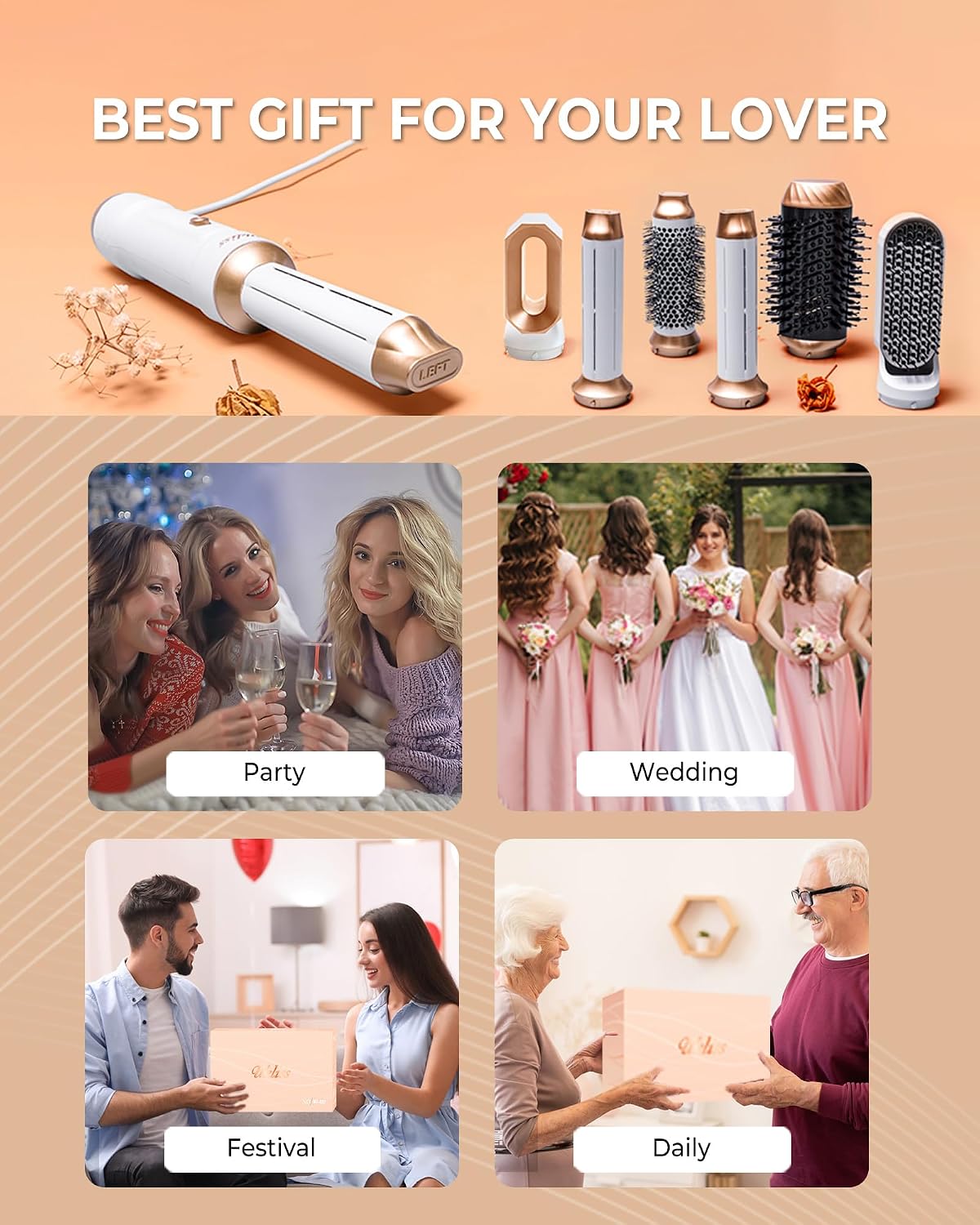 UKLISS Hairstyler 6 in 1, Haarstyler & Hair Styler Set mit Automatisch Wrap Lockenstab, Hair Dryer, Thermal Brush, Warmluftbürste, Rundbürstenföhn, Geschenke für Frauen Föhnen, Locken, Glätten (Weiß)