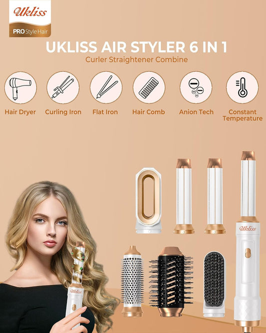 UKLISS Hairstyler 6 in 1, Haarstyler & Hair Styler Set mit Automatisch Wrap Lockenstab, Hair Dryer, Thermal Brush, Warmluftbürste, Rundbürstenföhn, Geschenke für Frauen Föhnen, Locken, Glätten (Weiß)